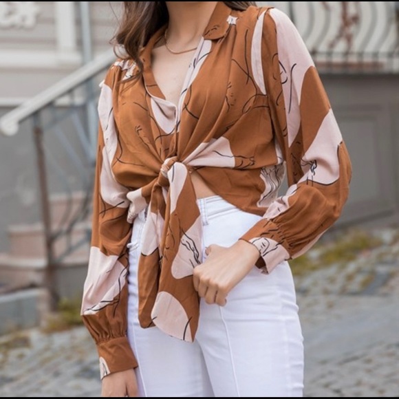 Zara Tops - Zara Abstract Sketch Art Button Front Shirt Brown